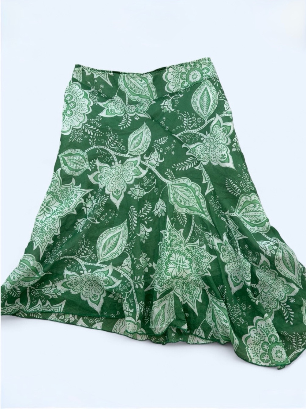 Y2K Bohemian Kelly Green Asymmetrical Paisley Cotton Midi Skirt Sz 2